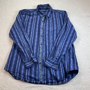 Tommy Bahama Shirt Mens Large Blue Striped Floral Button Up Long Sleeve‎ Cotton